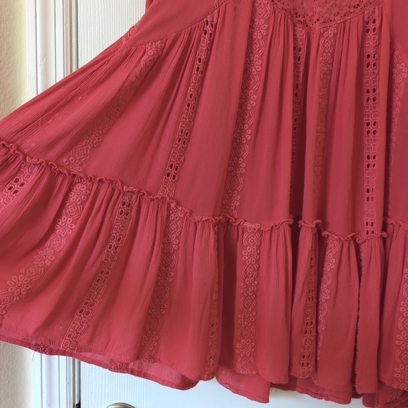 Free People Sweetest Dream Embroidered Long Puff Sleeve Tiered Tunic Top Pink XS - Picture 8 of 16